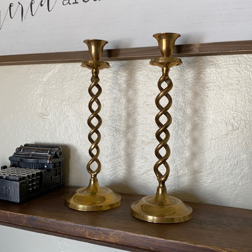 Vintage Brass Spiral Candlesticks - Pair